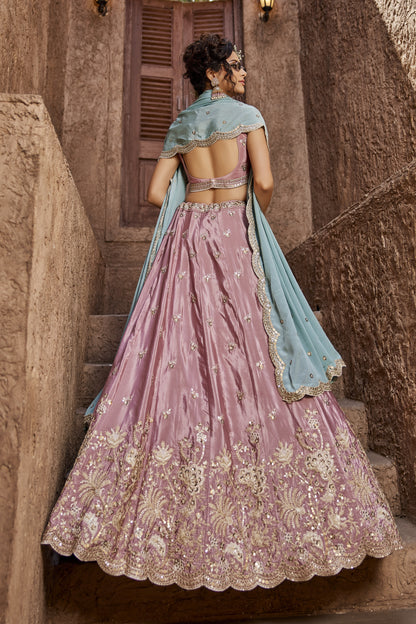 Pink Satin Silk Lehenga with Turquoise Dupatta | Exquisite Sequins & Thread Embroidery - LC2522