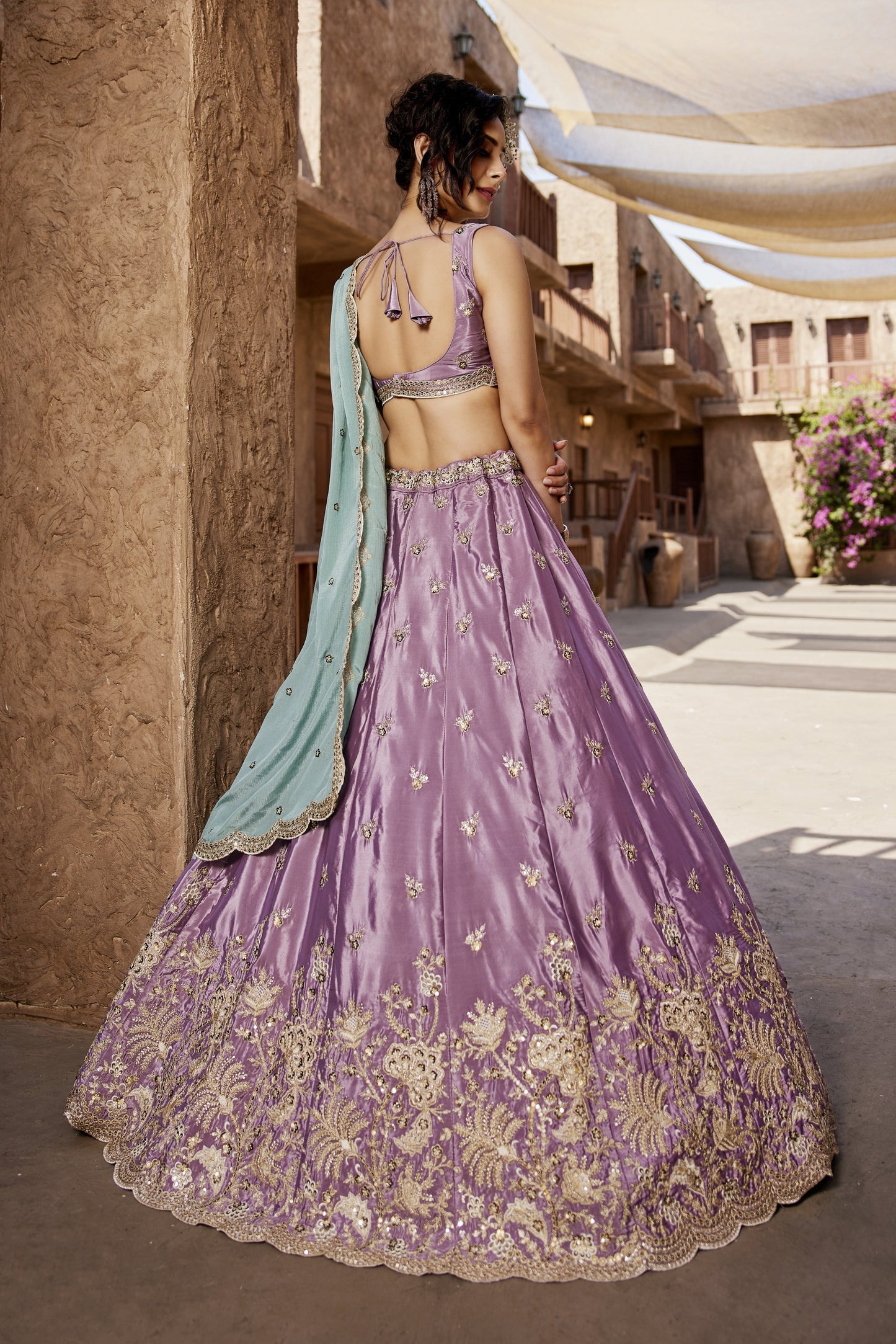 Lavender Satin Silk Lehenga with Turquoise Chiffon Dupatta | Sequins & Thread Embroidery - LC2520