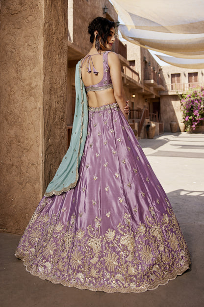 Lavender Satin Silk Lehenga with Turquoise Chiffon Dupatta | Sequins & Thread Embroidery - LC2520