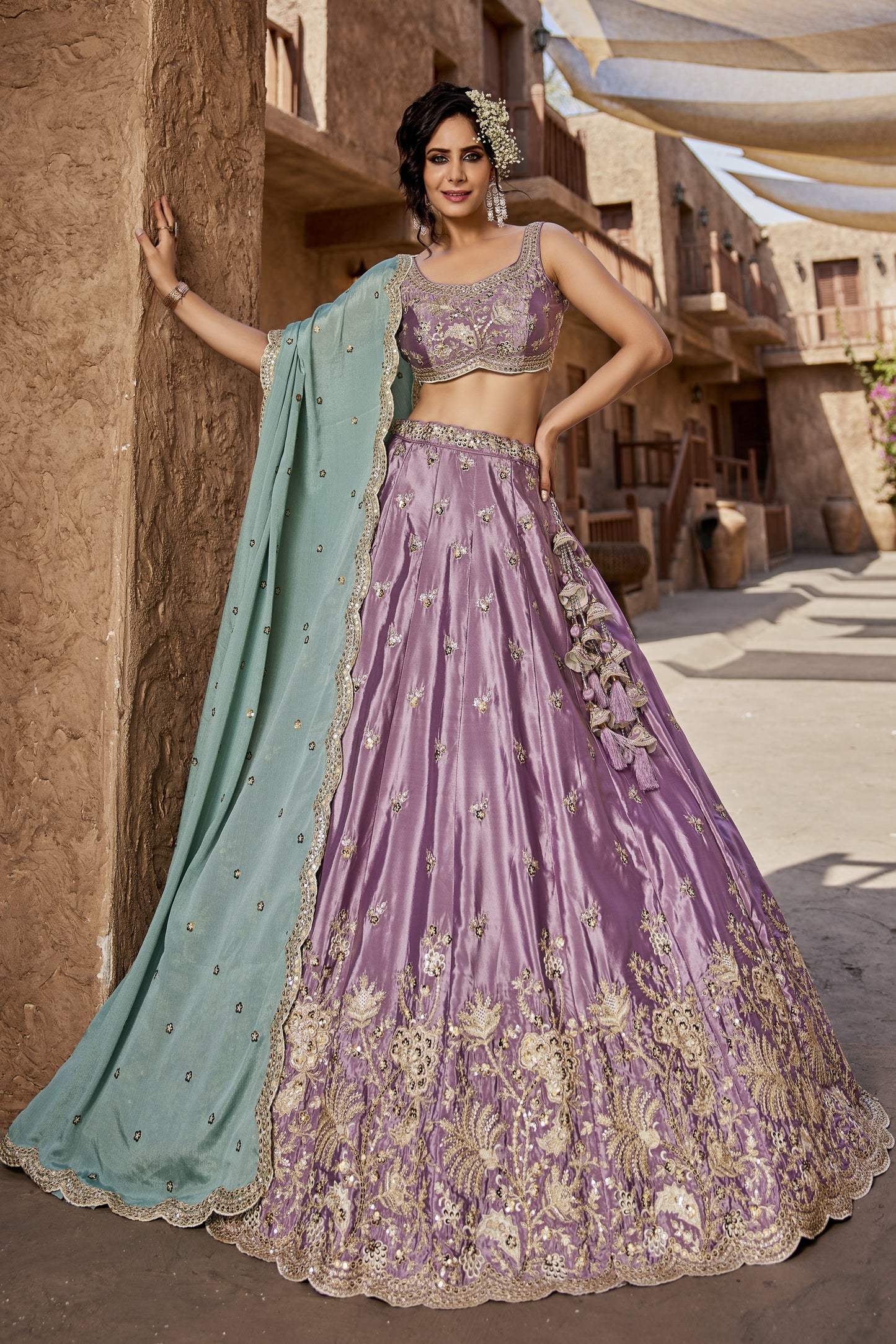 Lavender Satin Silk Lehenga with Turquoise Chiffon Dupatta | Sequins & Thread Embroidery - LC2520