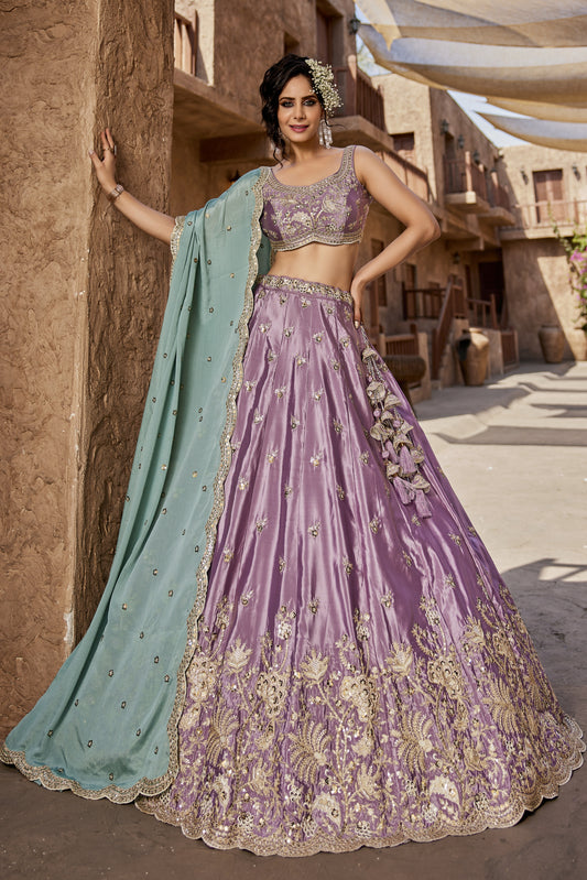 Lavender Satin Silk Lehenga with Turquoise Chiffon Dupatta | Sequins & Thread Embroidery - LC2520