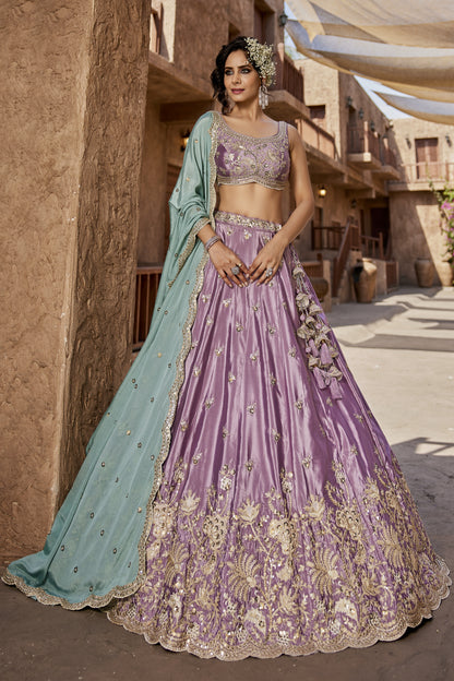 Lavender Satin Silk Lehenga with Turquoise Chiffon Dupatta | Sequins & Thread Embroidery - LC2520