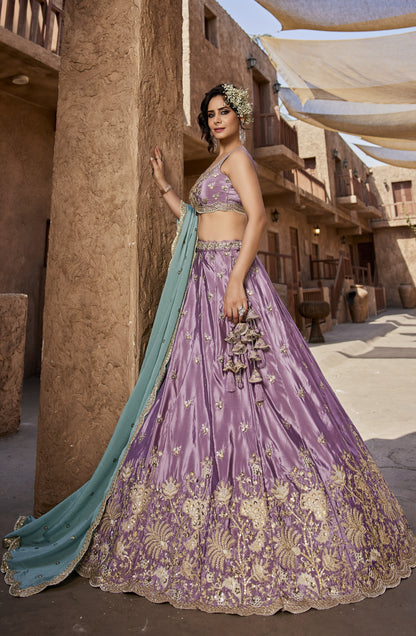 Lavender Satin Silk Lehenga with Turquoise Chiffon Dupatta | Sequins & Thread Embroidery - LC2520