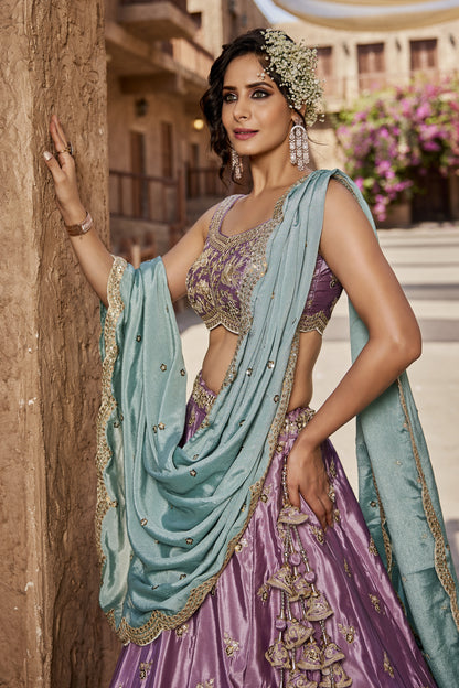 Lavender Satin Silk Lehenga with Turquoise Chiffon Dupatta | Sequins & Thread Embroidery - LC2520