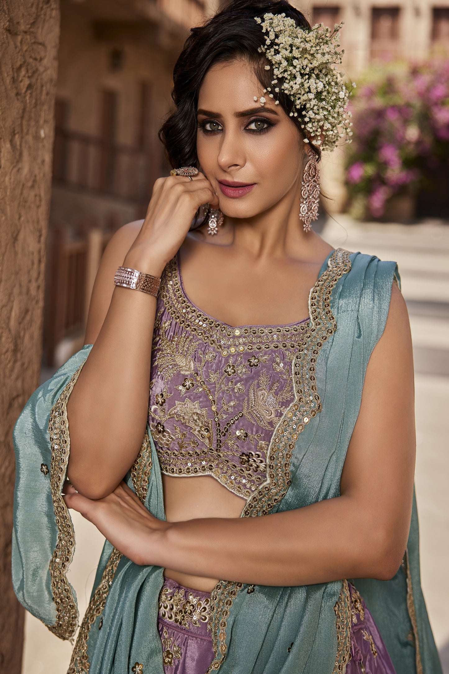 Turquoise Satin Silk Lehenga with Pink Dupatta | Sequins, Coding & Threadwork Embroidery - LC2520