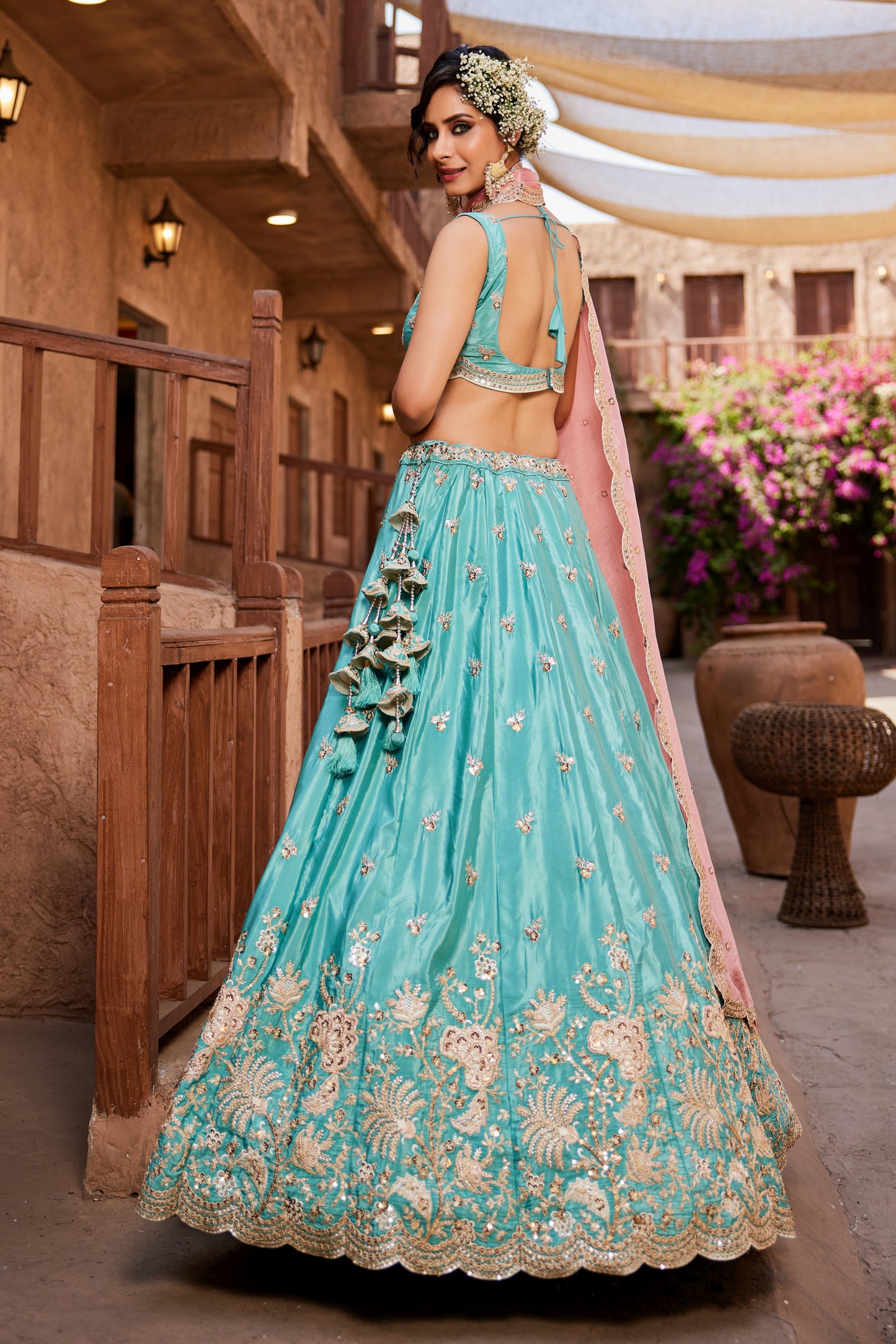 Turquoise Satin Silk Lehenga with Pink Dupatta | Sequins, Coding & Threadwork Embroidery - LC2520
