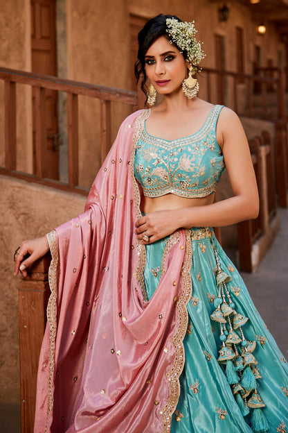 Turquoise Satin Silk Lehenga with Pink Dupatta | Sequins, Coding & Threadwork Embroidery - LC2520