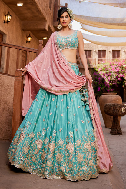Turquoise Satin Silk Lehenga with Pink Dupatta | Sequins, Coding & Threadwork Embroidery - LC2520