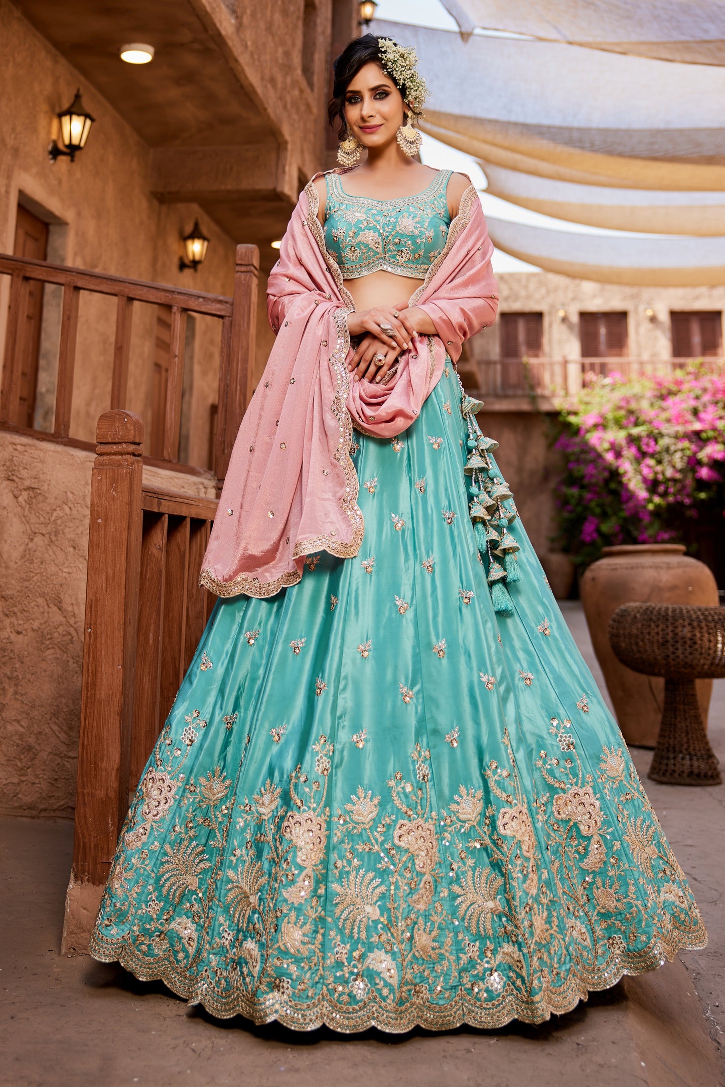 Turquoise Satin Silk Lehenga with Pink Dupatta | Sequins, Coding & Threadwork Embroidery - LC2520