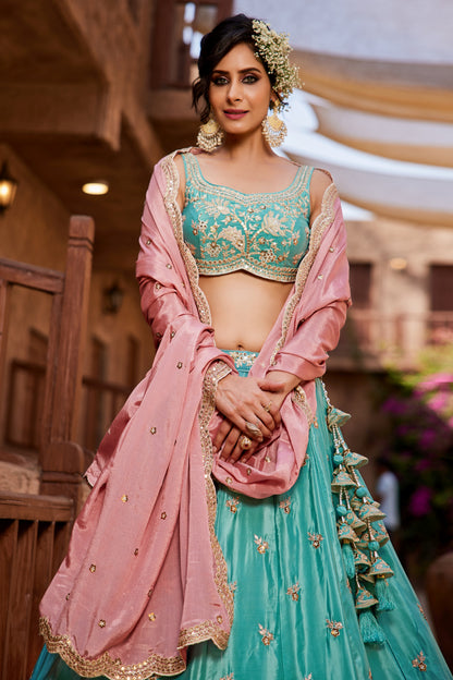 Turquoise Satin Silk Lehenga with Pink Dupatta | Sequins, Coding & Threadwork Embroidery - LC2520