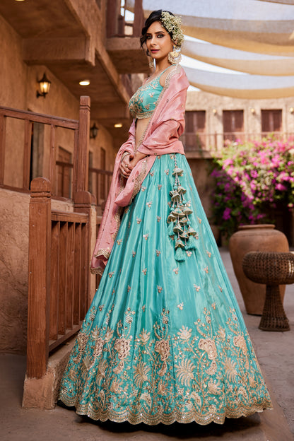 Turquoise Satin Silk Lehenga with Pink Dupatta | Sequins, Coding & Threadwork Embroidery - LC2520