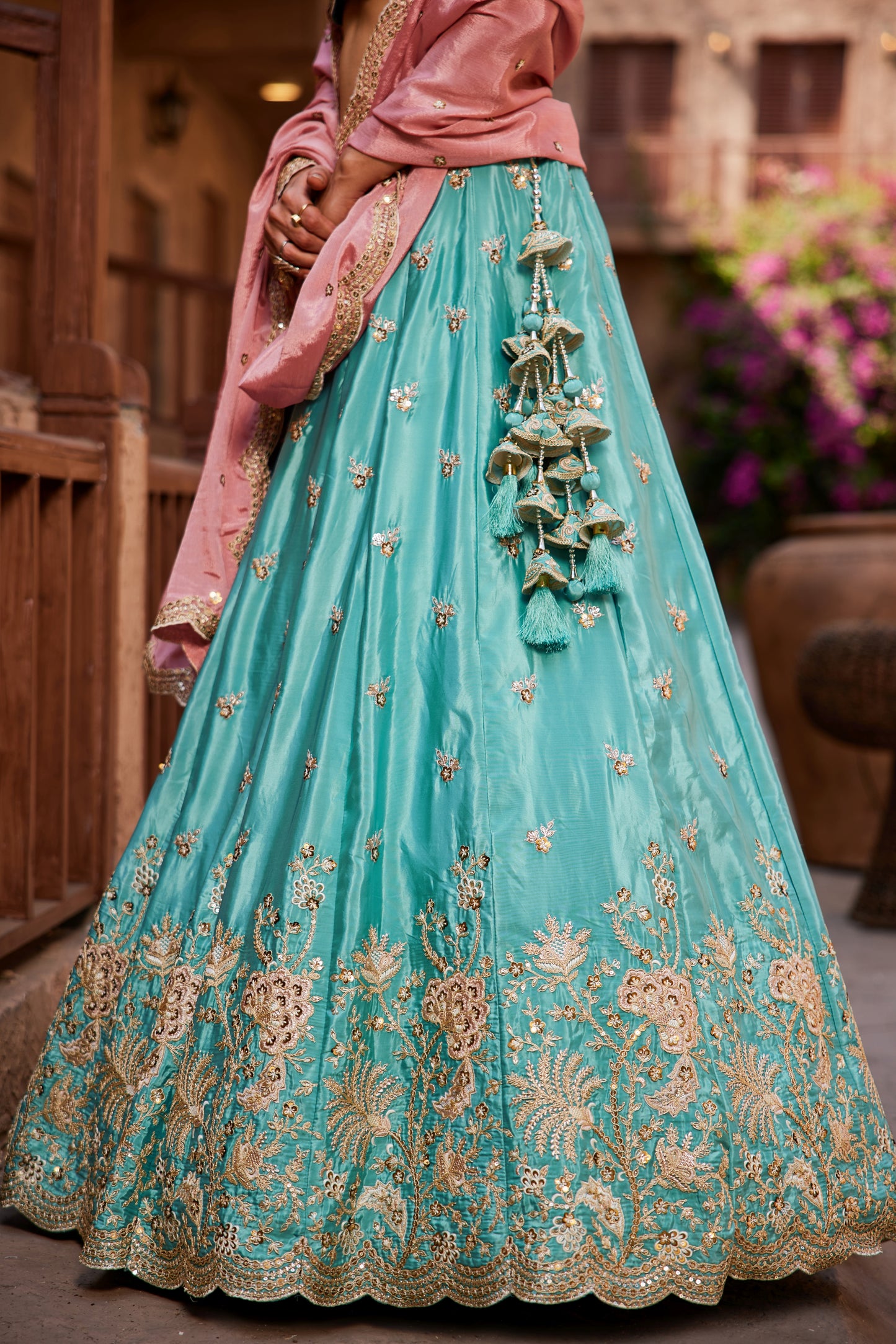 Turquoise Satin Silk Lehenga with Pink Dupatta | Sequins, Coding & Threadwork Embroidery - LC2520