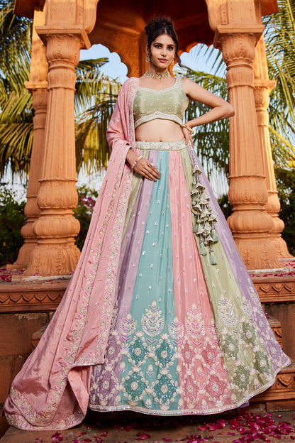 Multi-Color Chiffon Lehenga Set with Sequins & Moti Embroidery | Chinon Dupatta - LC2516