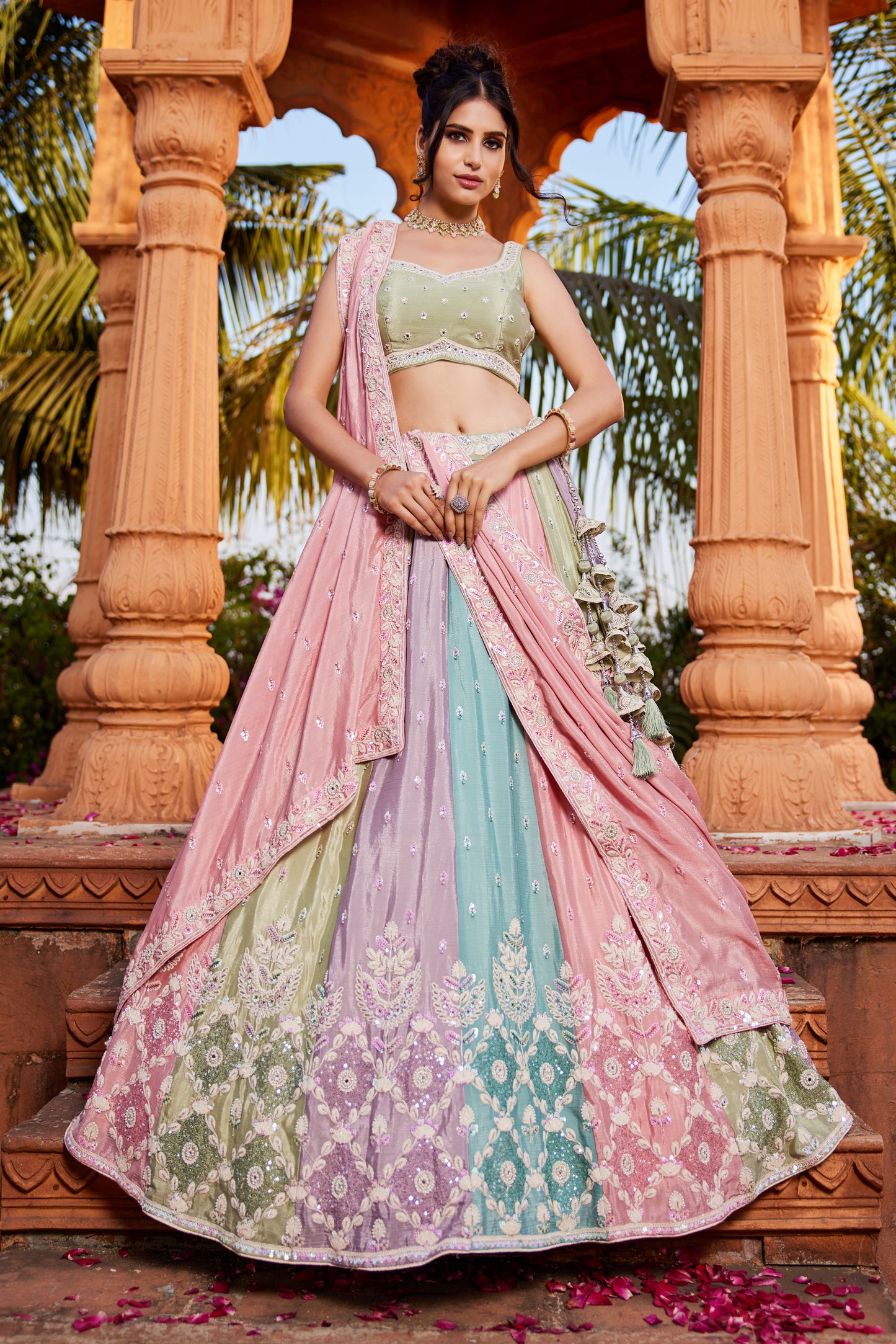 Multi-Color Chiffon Lehenga Set with Sequins & Moti Embroidery | Chinon Dupatta - LC2516