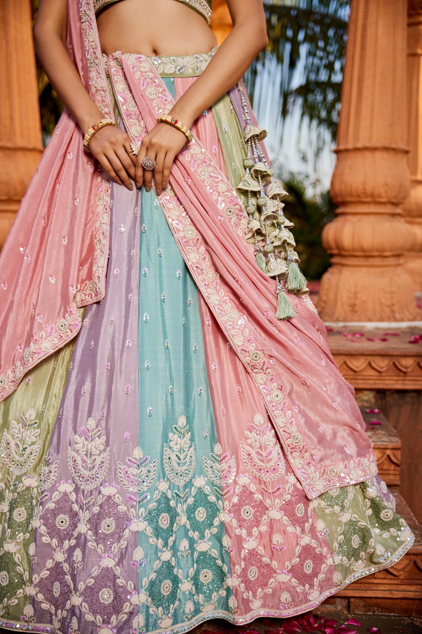 Multi-Color Chiffon Lehenga Set with Sequins & Moti Embroidery | Chinon Dupatta - LC2516