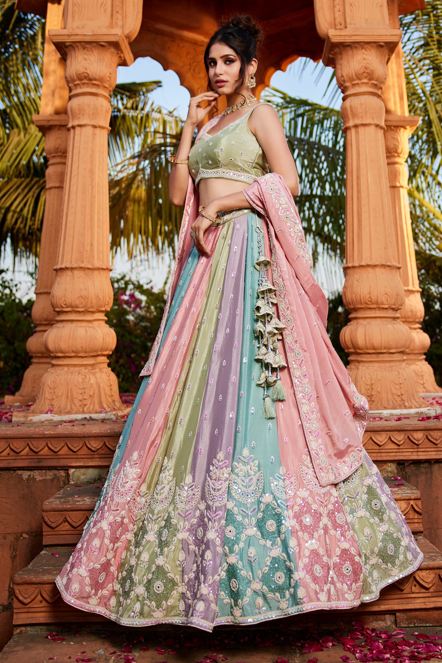 Multi-Color Chiffon Lehenga Set with Sequins & Moti Embroidery | Chinon Dupatta - LC2516