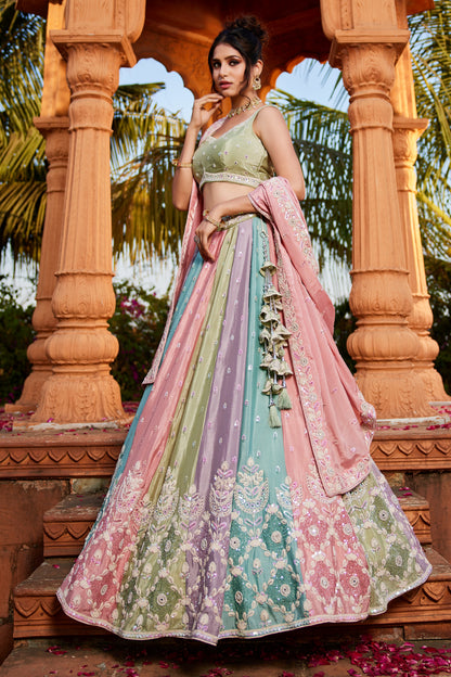 Multi-Color Chiffon Lehenga Set with Sequins & Moti Embroidery | Chinon Dupatta - LC2516