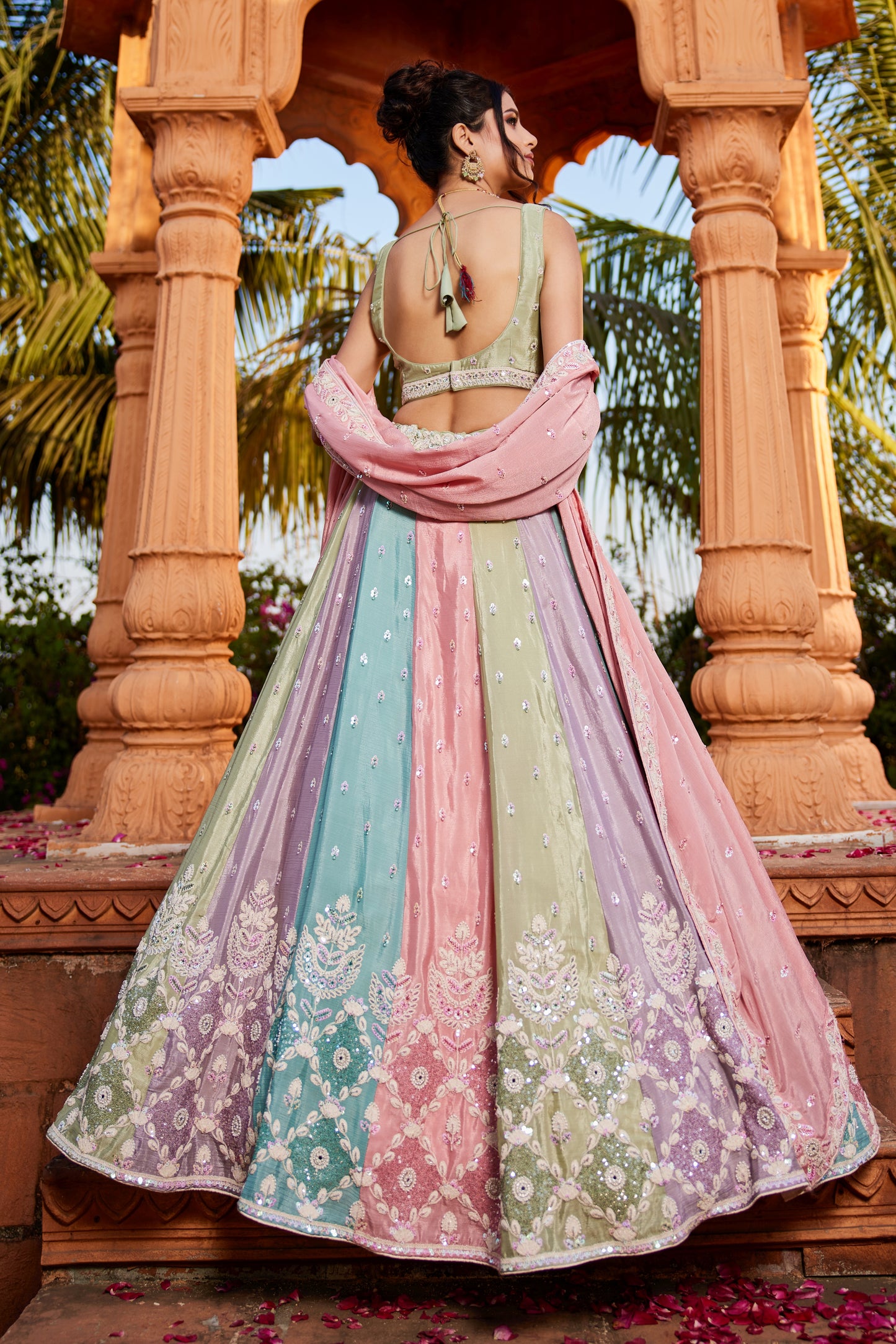 Multi-Color Chiffon Lehenga Set with Sequins & Moti Embroidery | Chinon Dupatta - LC2516