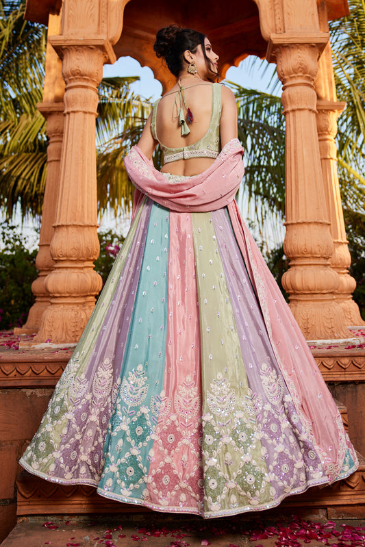 Multi-Color Chiffon Lehenga Set with Sequins & Moti Embroidery | Chinon Dupatta - LC2516