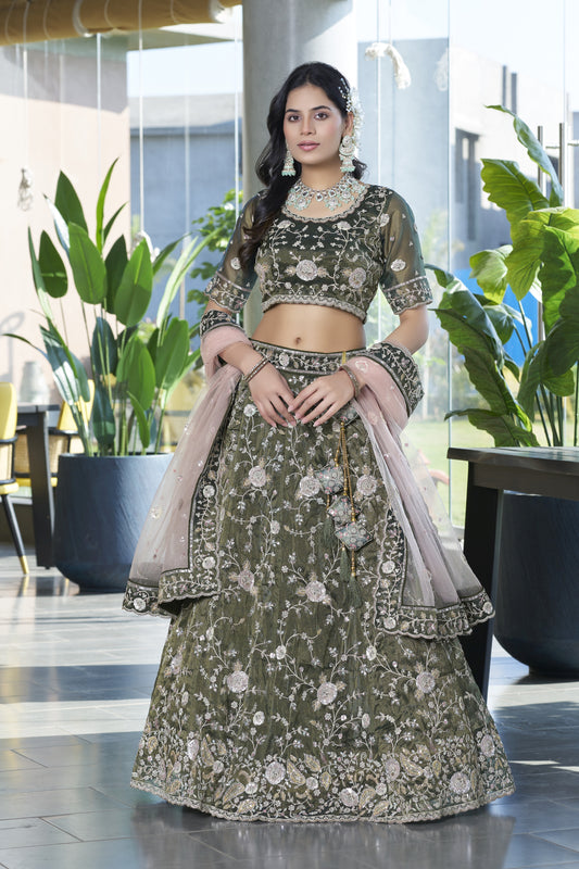 Mehendi Green Silk Wedding Lehenga LC2501