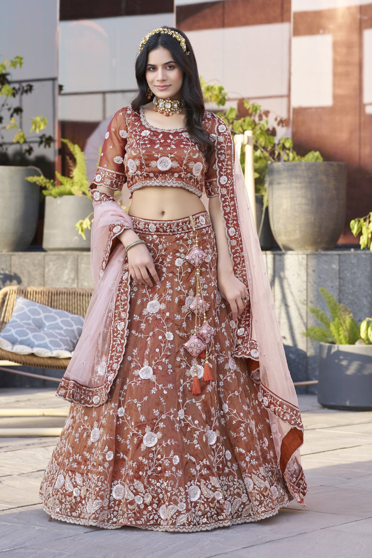 Dark Orange Silk Wedding Lehenga LC2502