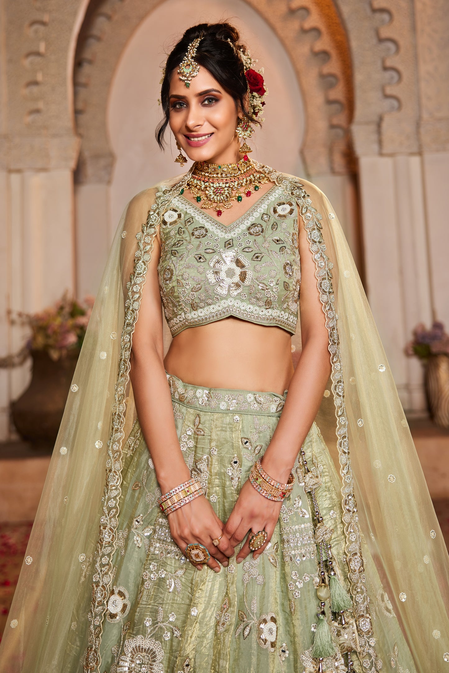 Lime Green Tissue Bridal Lengha LC2510