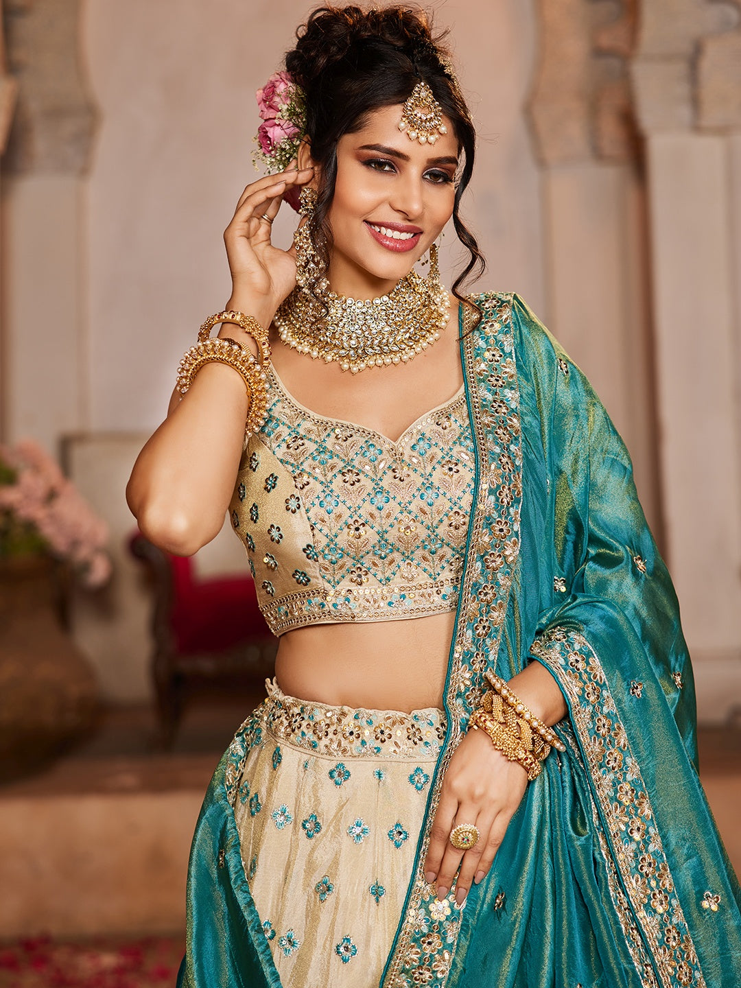 Cream & Teal Lehenga – A Timeless Statement of Grace - LC2513