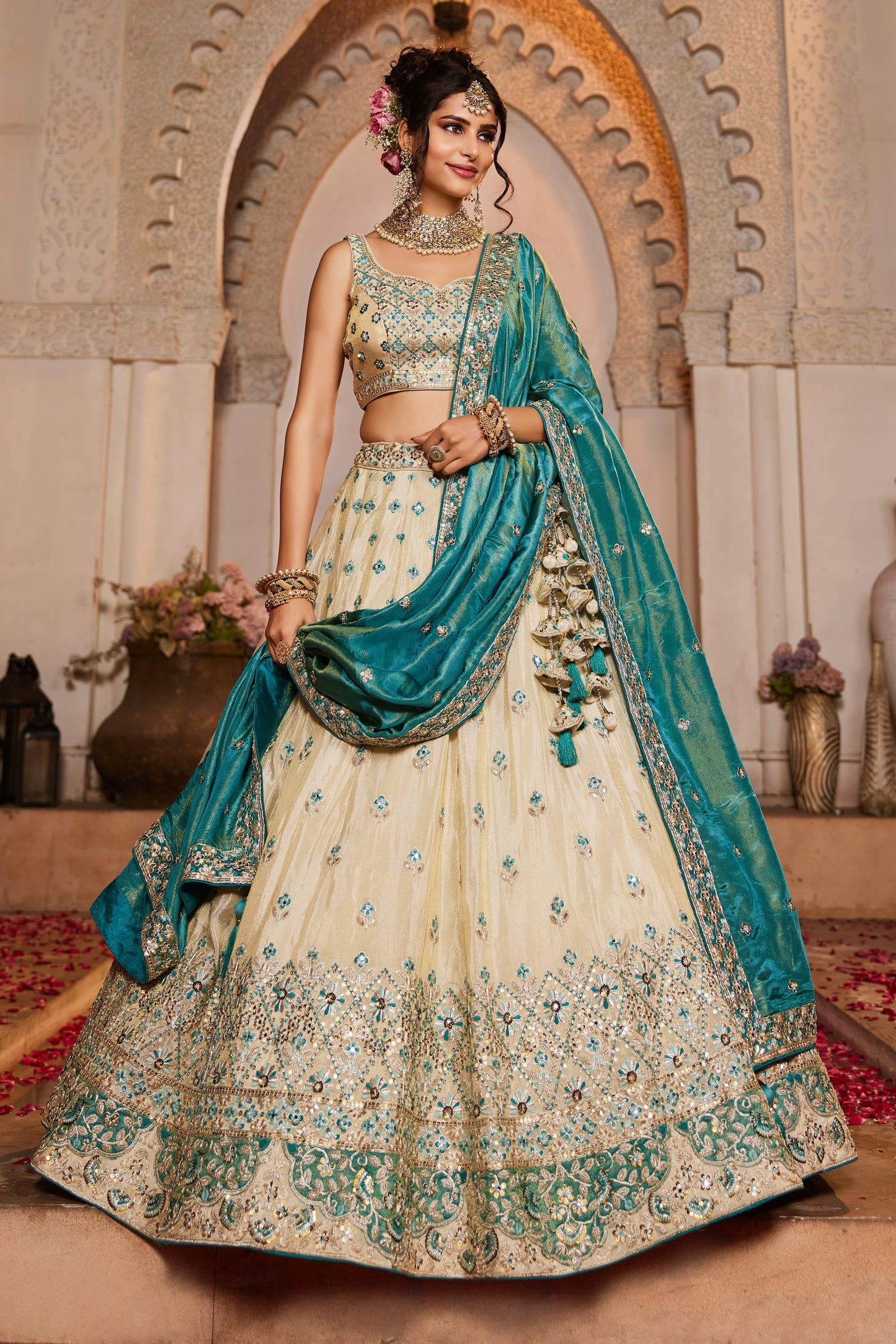 Cream & Teal Lehenga – A Timeless Statement of Grace - LC2513