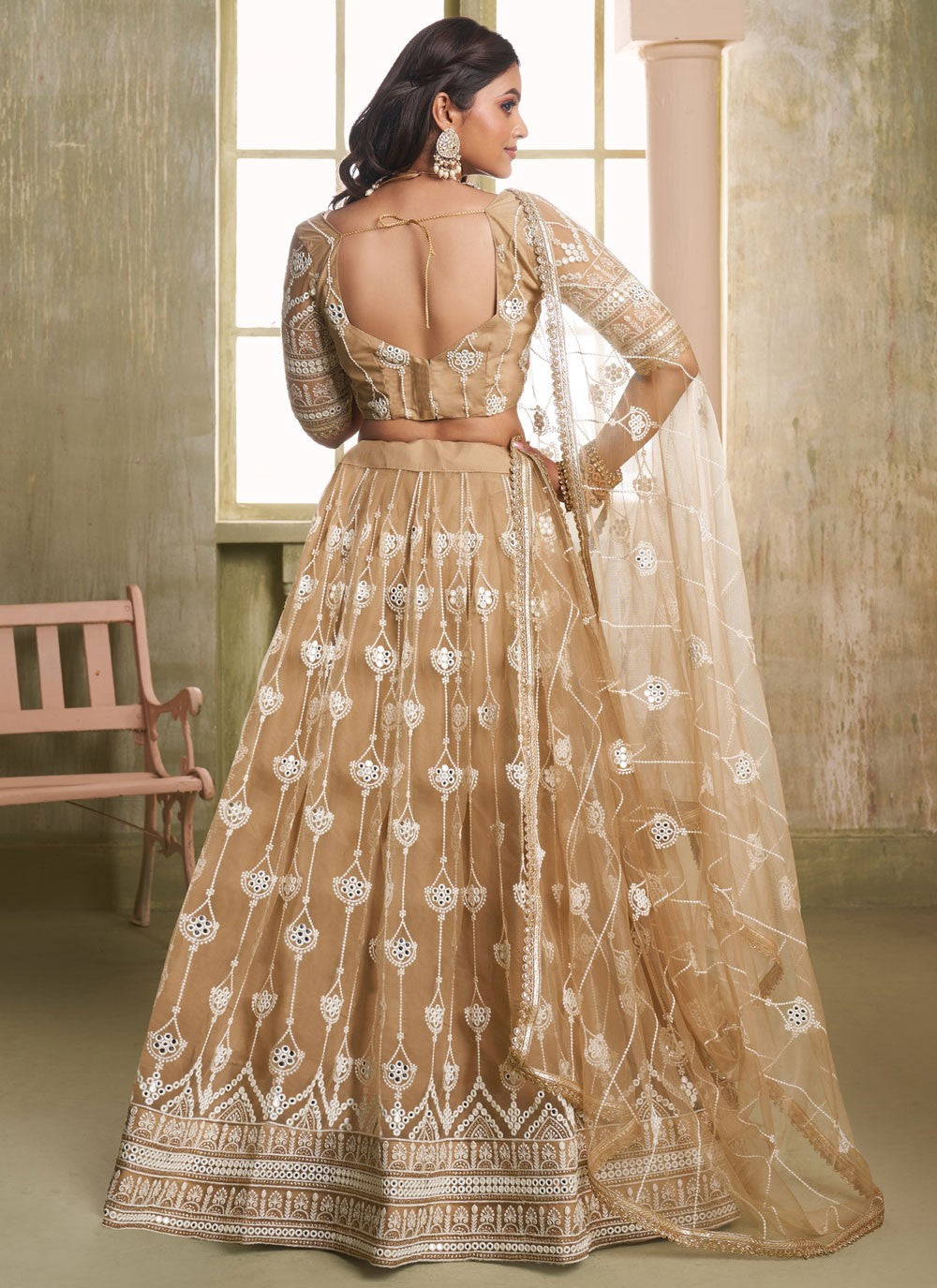 Embroidered Net Khaki Lehenga - L3309
