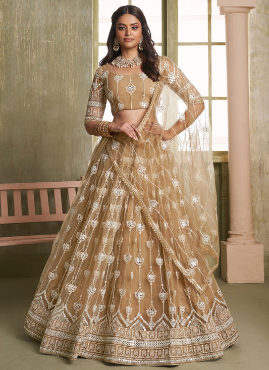 Embroidered Net Khaki Lehenga - L3309