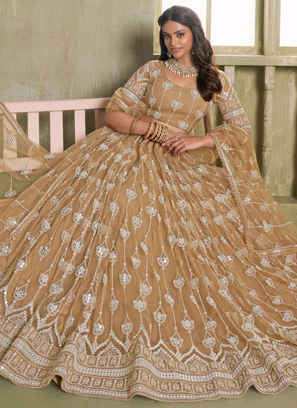 Embroidered Net Khaki Lehenga - L3309