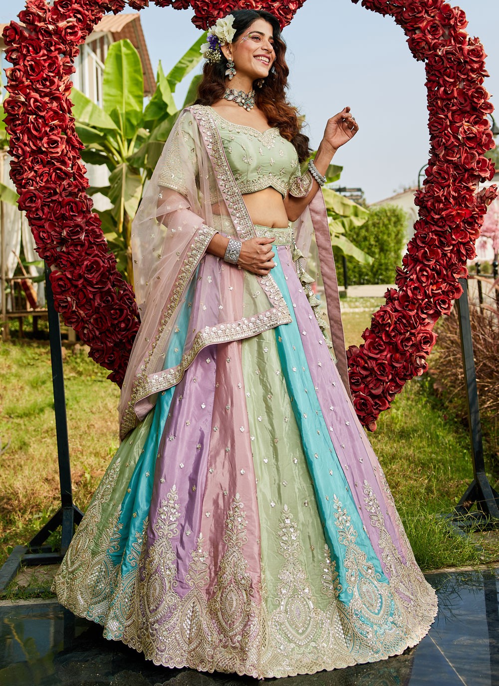 Embroidered Organza Multi Colour Lehenga - L3353