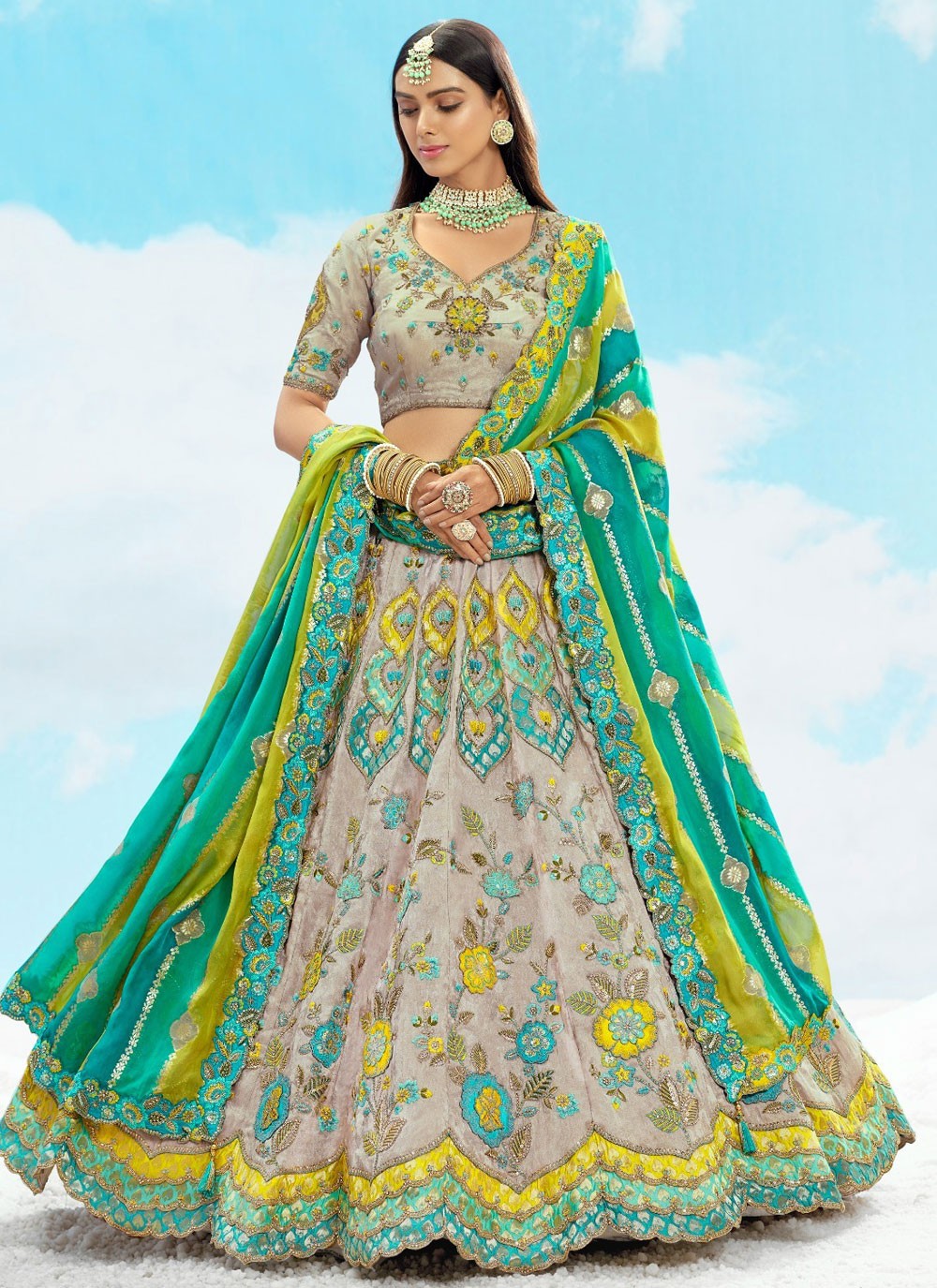 Silk Engagement, Reception, Wedding A - Line Lehenga L3566