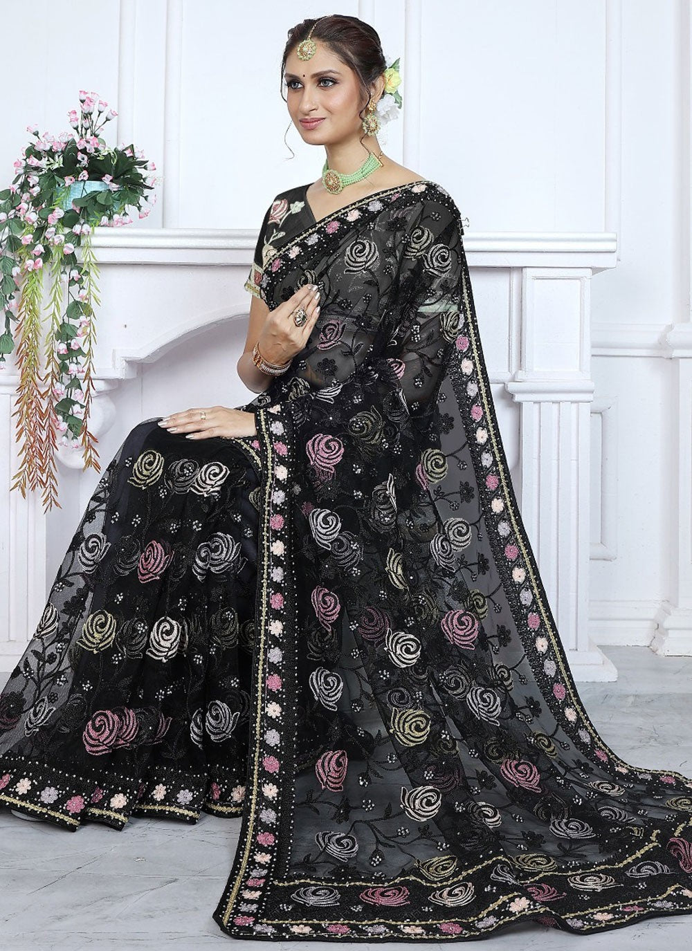 Classic Aari Work Net Saree - S8371