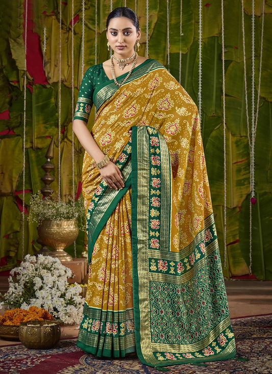 Mustard Silk Contemporary Saree Abstract Print S20237