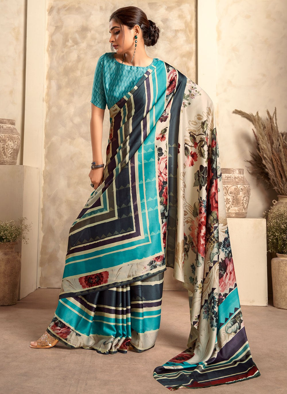 Casual Abstract Print Satin Saree - S6316