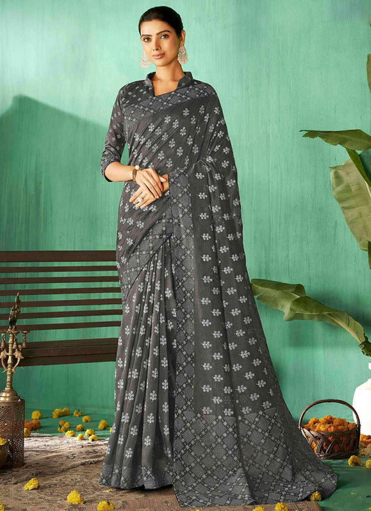 Bollywood Style Abstract Print Grey Silk Saree S13218