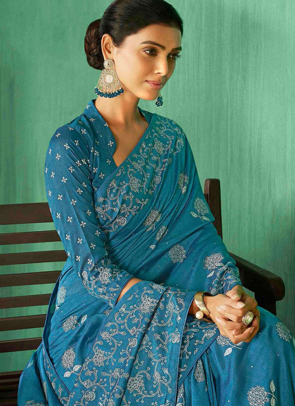 Contemporary Abstract Print Aqua Blue Silk Saree S13222