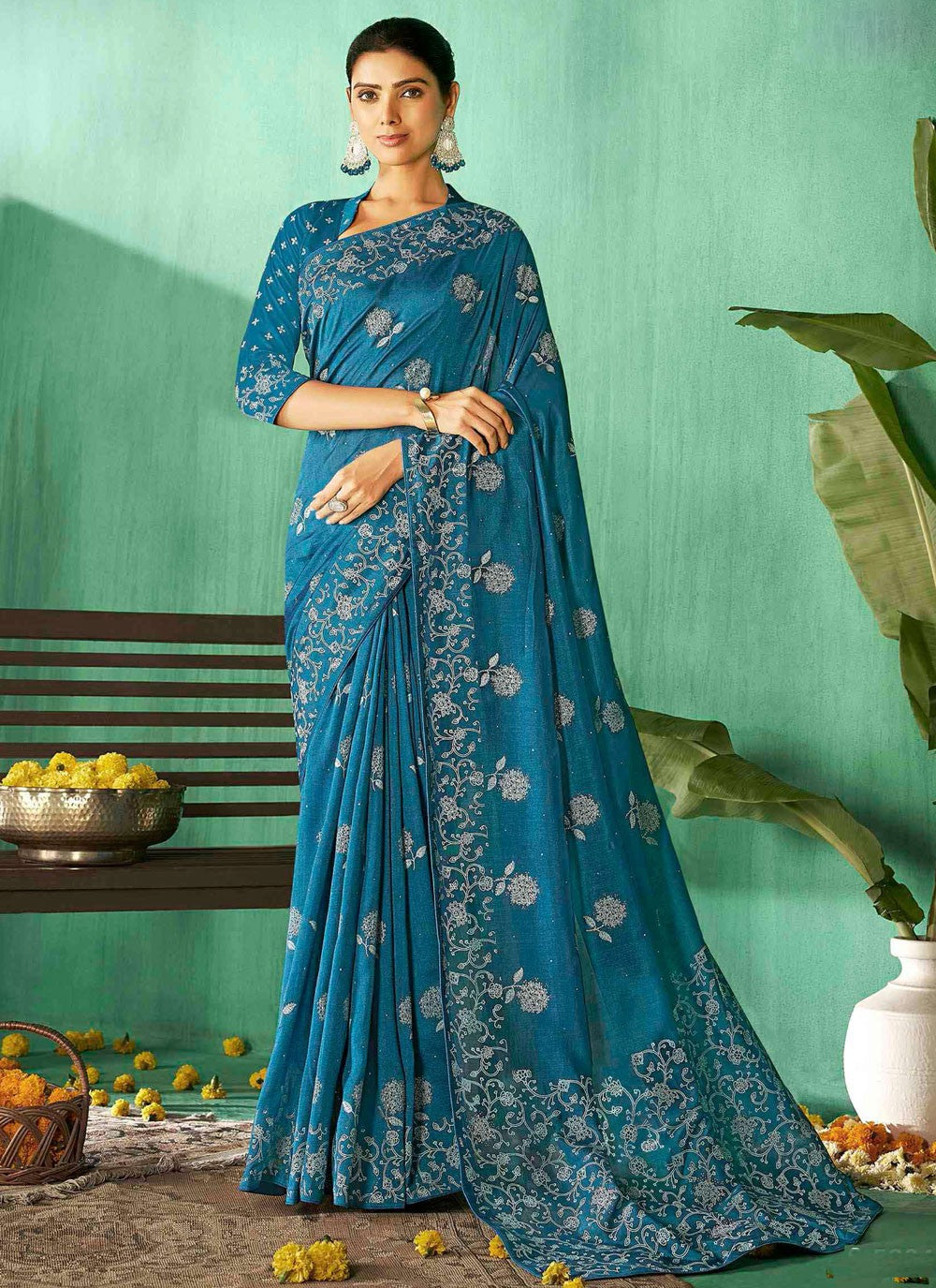 Contemporary Abstract Print Aqua Blue Silk Saree S13222
