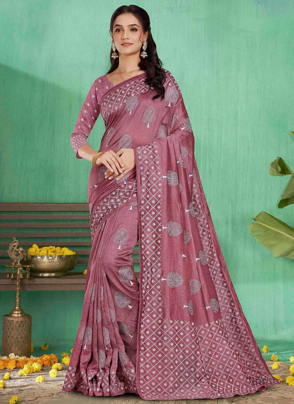 Contemporary Abstract Print Pink Silk Saree S13216