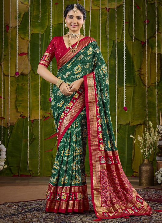 Green Silk Saree Abstract Print S20235