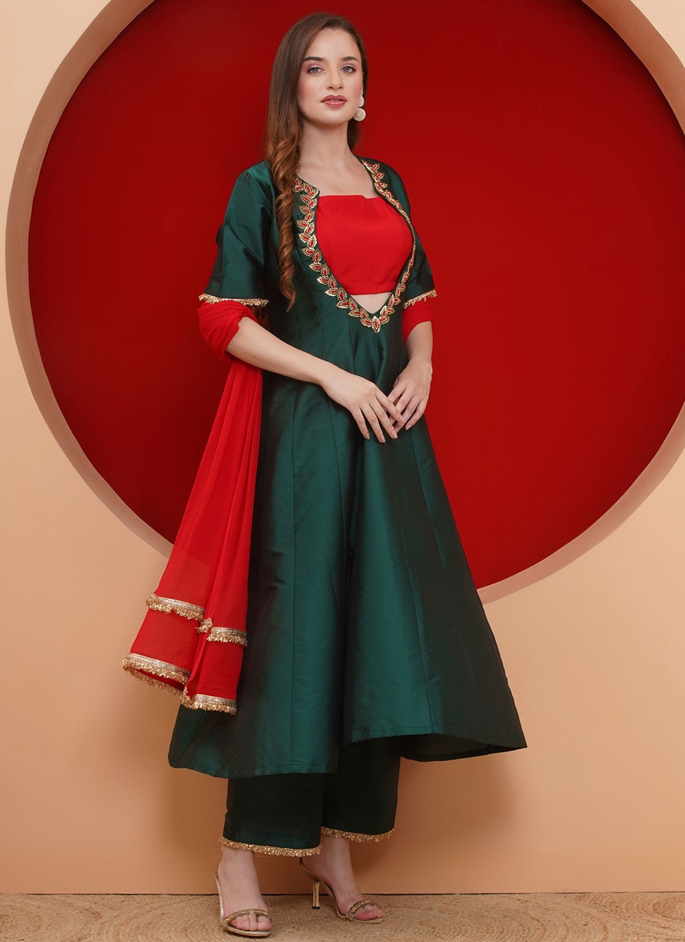Anarkali Hand Embroidery Green Tafeta Silk T5210
