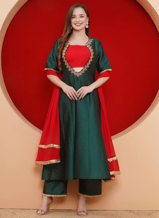 Anarkali Hand Embroidery Green Tafeta Silk T5210