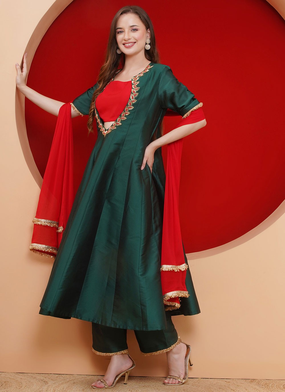 Anarkali Hand Embroidery Green Tafeta Silk T5210