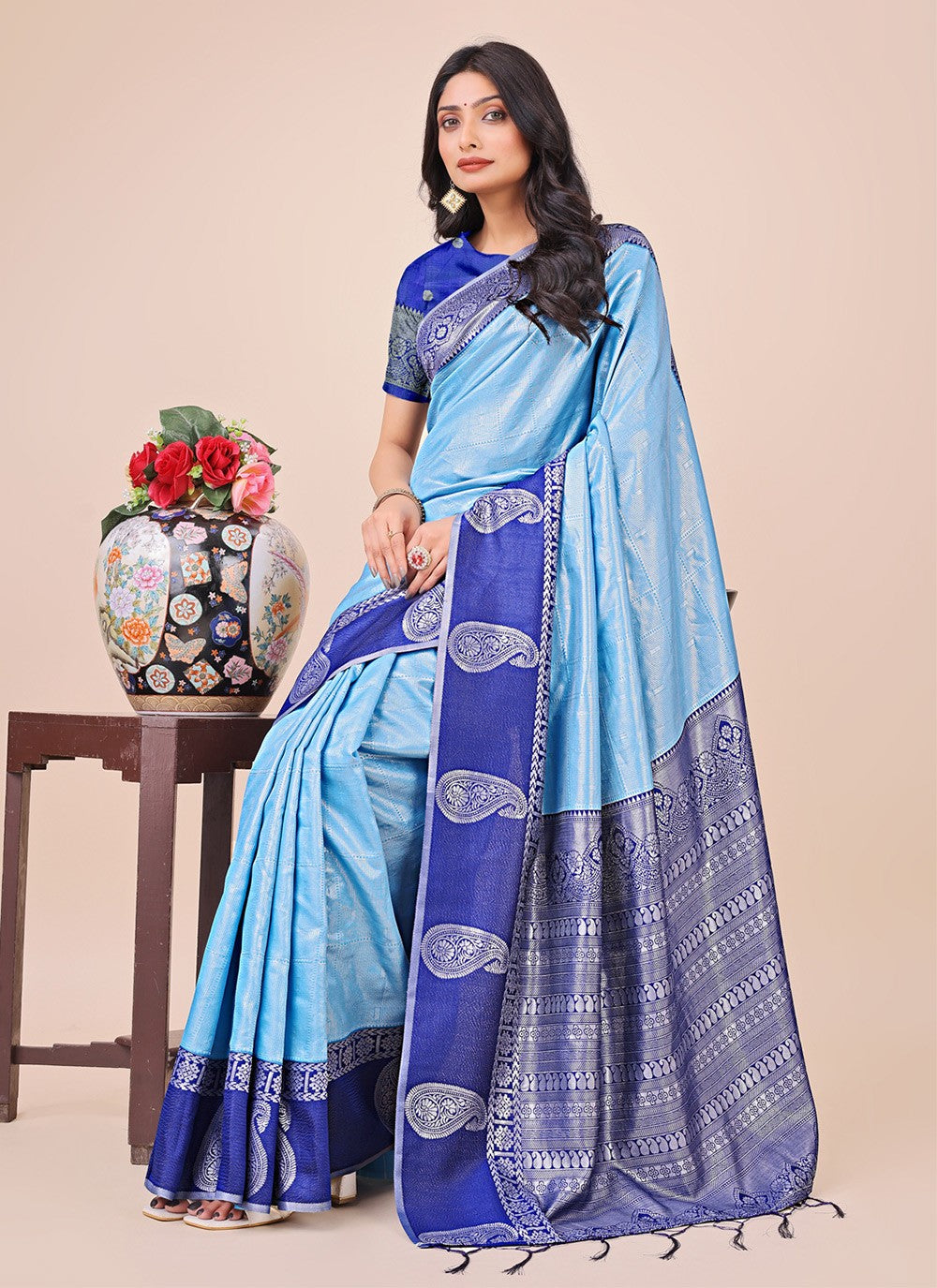 Woven Cotton Aqua Blue Contemporary Saree S15179