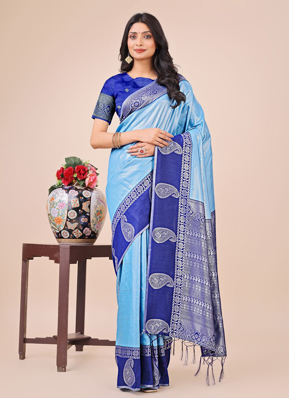 Woven Cotton Aqua Blue Contemporary Saree S15179
