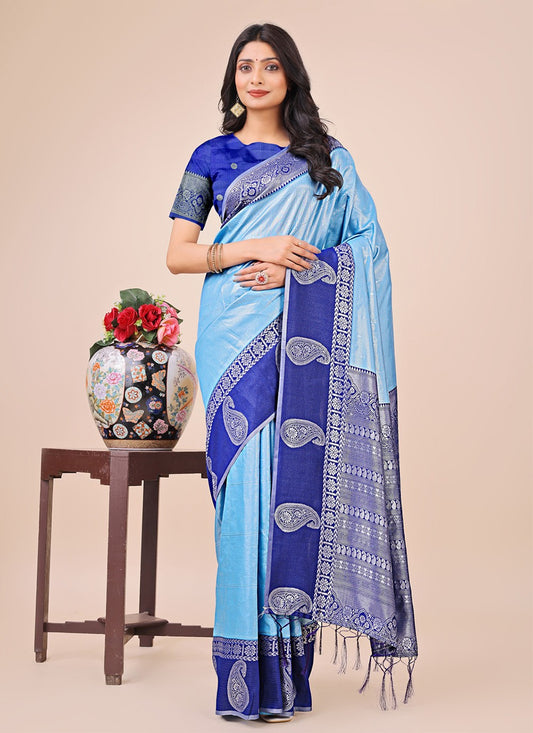 Woven Cotton Aqua Blue Contemporary Saree S15179