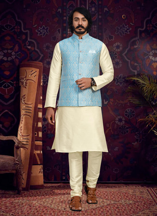 Fancy Work Art Silk, Jacquard Aqua Blue, Cream Kurta Payjama With Jacket - M4015