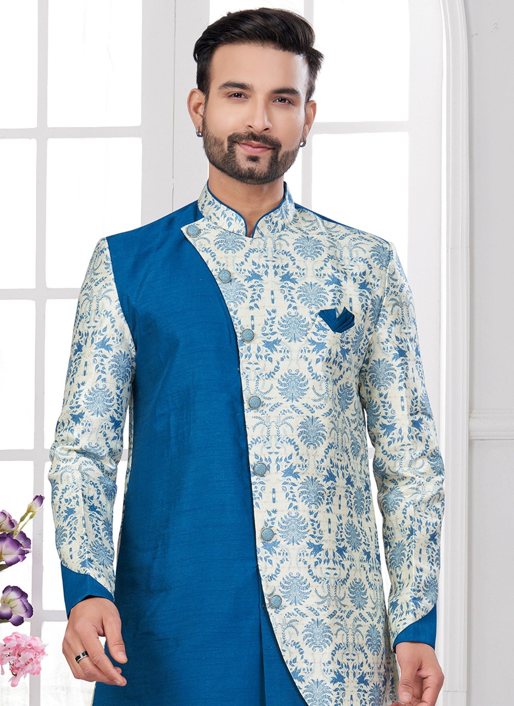 Digital Print Jacquard Silk Aqua Blue, Cream Sherwani - M8620