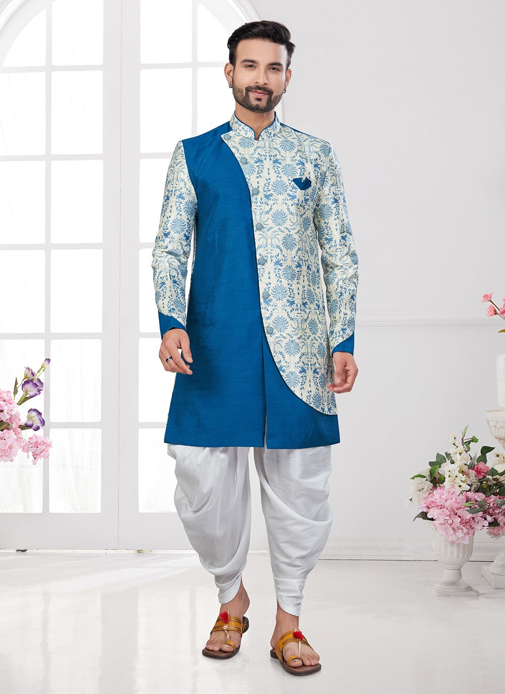 Digital Print Jacquard Silk Aqua Blue, Cream Sherwani - M8620